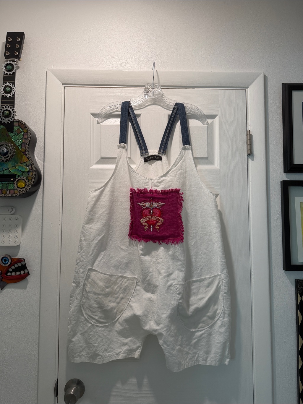 New Cotton Romper- Pink Dirty Pirate Patch, Blue Jean Straps & Back Pockets